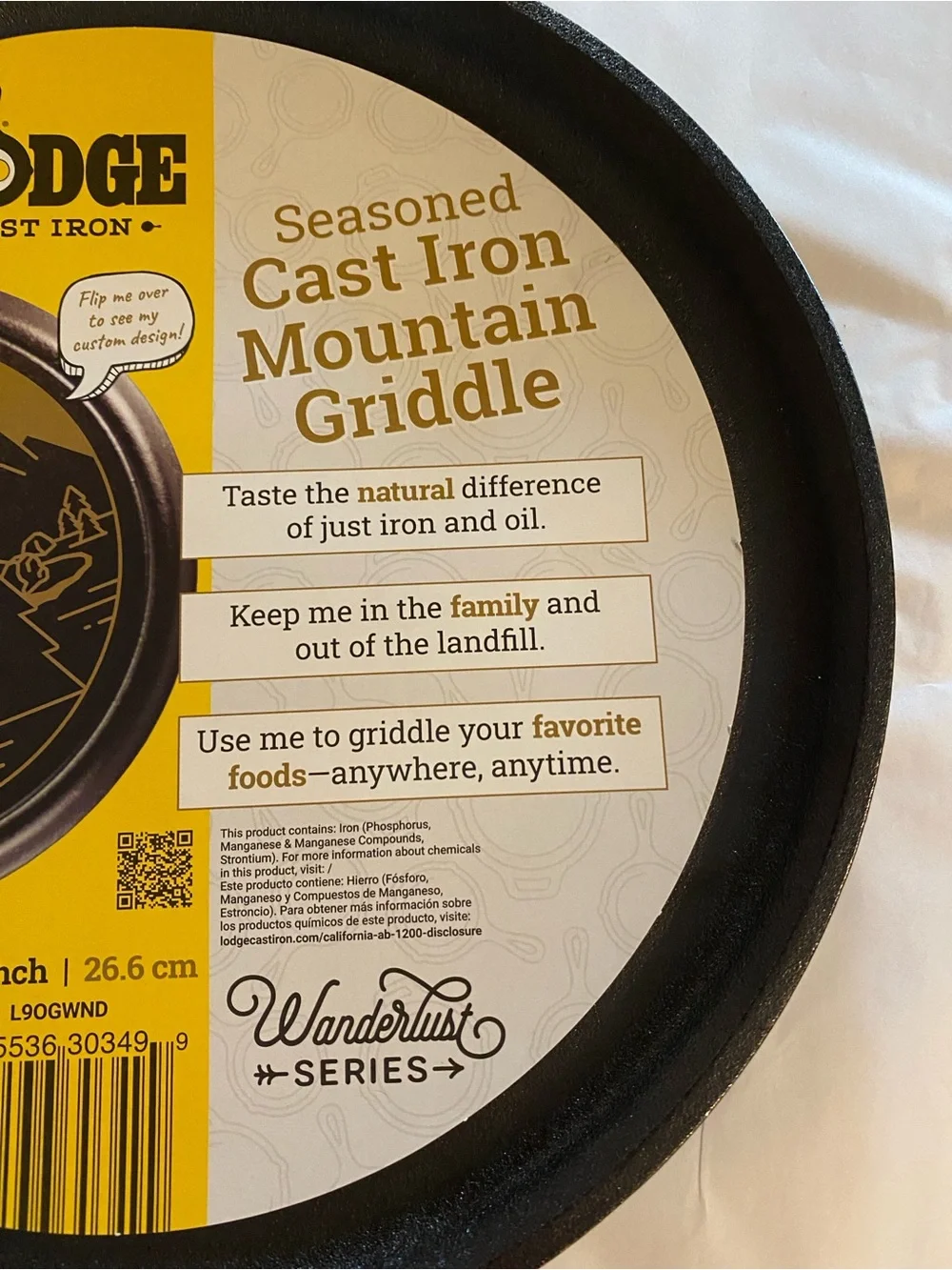 LODGE Seasoned Cast Iron Mountain Griddle 10.5”/ 26.6cm, New w/ Tag + Info Label